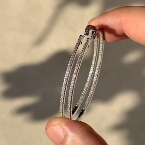 Moissanite Hoop Earrings, 50mm - 925 Sterling Silver Hoops, Round Cut VVS1 Moissanite Diamond Hoop Earring, Sparkling Diamond Hoops