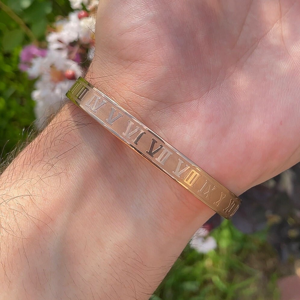 Jaline Gold Silver Rose Gold Plated Bracelets for Men Women Roman Numeral  Bangle Bracelet Stainless Steel Personalized Engraved Unisex Gift