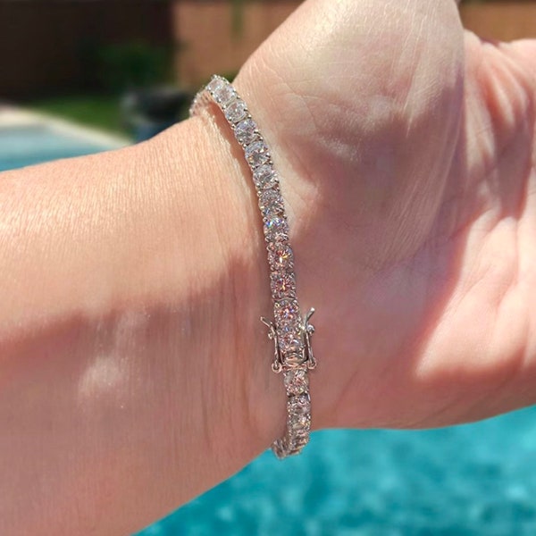 Moissanite Tennis Bracelet, 925 Sterling Silver Bracelet, Clear VVS1 Stones, Solid Classic Eternity Bracelet, Diamond Bracelet w/ Box Clasp