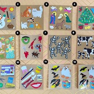 Könnte beinhalten: Eine Bogen mit Aufklebern zu verschiedenen Themen, darunter Weihnachten, Halloween, Bauernhoftiere und Skelette. Die Aufkleber befinden sich auf einem braunen Hintergrund mit einem weißen Gittermuster.