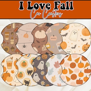 May include: A collection of car coasters with fall-themed designs. The coasters feature pumpkins, ghosts, bats, and autumn leaves in shades of orange, brown, and beige. The text "I Love Fall Car Coasters" is displayed at the top.