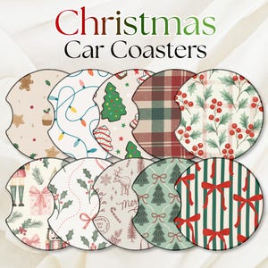 Christmas Car Coasters – Festive Holiday Coasters for Car, Cute Red & Green Merry Jolly Decor, Stocking Stuffer Gift - Trees, Snow, Winter