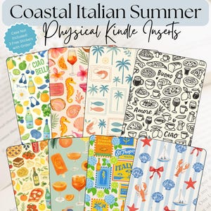 May include: A collection of colorful Kindle inserts with a coastal Italian summer theme. Designs include illustrations of food, drinks, seahorses, and nautical elements. The text "Coastal Italian Summer Physical Kindle Inserts" is displayed.
