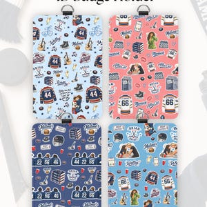 May include: Four rectangular ID badge holders featuring Briar U hockey-themed patterns. The designs include hockey jerseys with numbers 44, 66, 22, and 46, hockey sticks, pucks, guitars, books, and romantic illustrations on light blue, pink, and dark blue backgrounds.