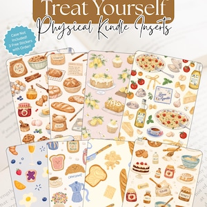 Könnte beinhalten: Eine Sammlung illustrierter physischer Kindle-Einsätze mit Food-Thema. Die Einsätze zeigen verschiedene Lebensmittel wie Brot, Gebäck, Pasta und Zutaten wie Mehl, Butter und Honig. Der Text "Treat Yourself Physical Kindle Inserts" ist oben zu sehen.