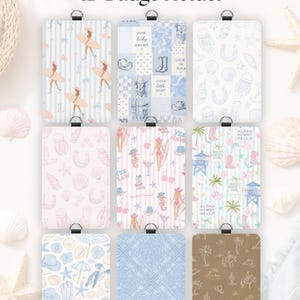 May include: Nine rectangular ID badge holders featuring various patterns including surfers, cowboy boots, seashells, jellyfish, and palm trees in blue, pink, and brown colour palettes. Each holder has a black metal loop at the top for attachment.