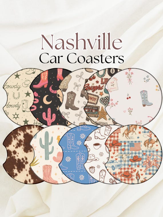 Nashville Car Coasters | Western Cowgirl Car Accessories | Sandstone or Neoprene Coasters | Cute Country Car Decor