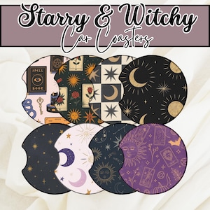 May include: Set of eight car coasters with celestial and witchy designs. Each coaster features unique illustrations of moons, stars, tarot cards, and other mystical symbols. The text "Starry & Witchy Car Coasters" is displayed at the top.