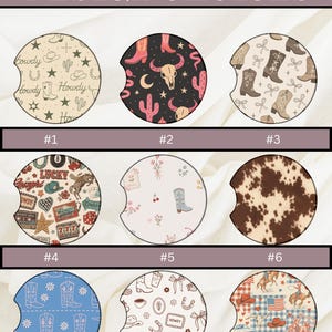 May include: A grid of nine circular car coasters labeled Design Choices. Designs include western motifs like cowboy boots, hats, skulls, cacti, horses, cow print, and American flags in various color palettes including beige, black, blue, and brown.