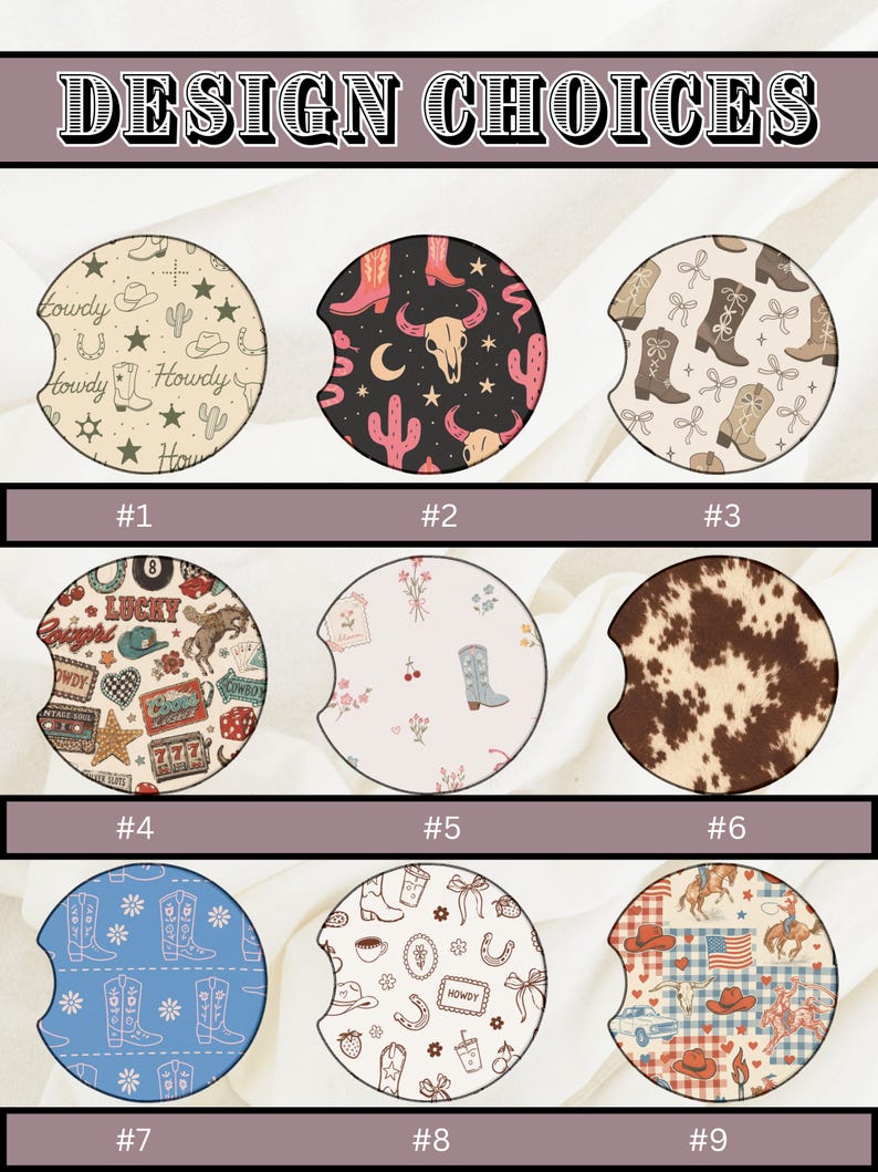May include: A grid of nine circular car coasters labeled Design Choices. Designs include western motifs like cowboy boots, hats, skulls, cacti, horses, cow print, and American flags in various color palettes including beige, black, blue, and brown.