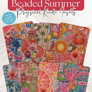 May include: A collection of beaded summer-themed physical Kindle inserts. The inserts feature colorful designs with tropical elements like palm trees, citrus fruits, and marine life. The text on the inserts includes "Howdy Hello" and "Endless Summer Surf".