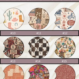 May include: A collection of nine circular car coasters featuring various western-themed patterns, including cowboy boots, hats, cacti, horses, and cow print. Each coaster is labeled with a number from 10 to 18, displayed under the heading DESIGN CHOICES.