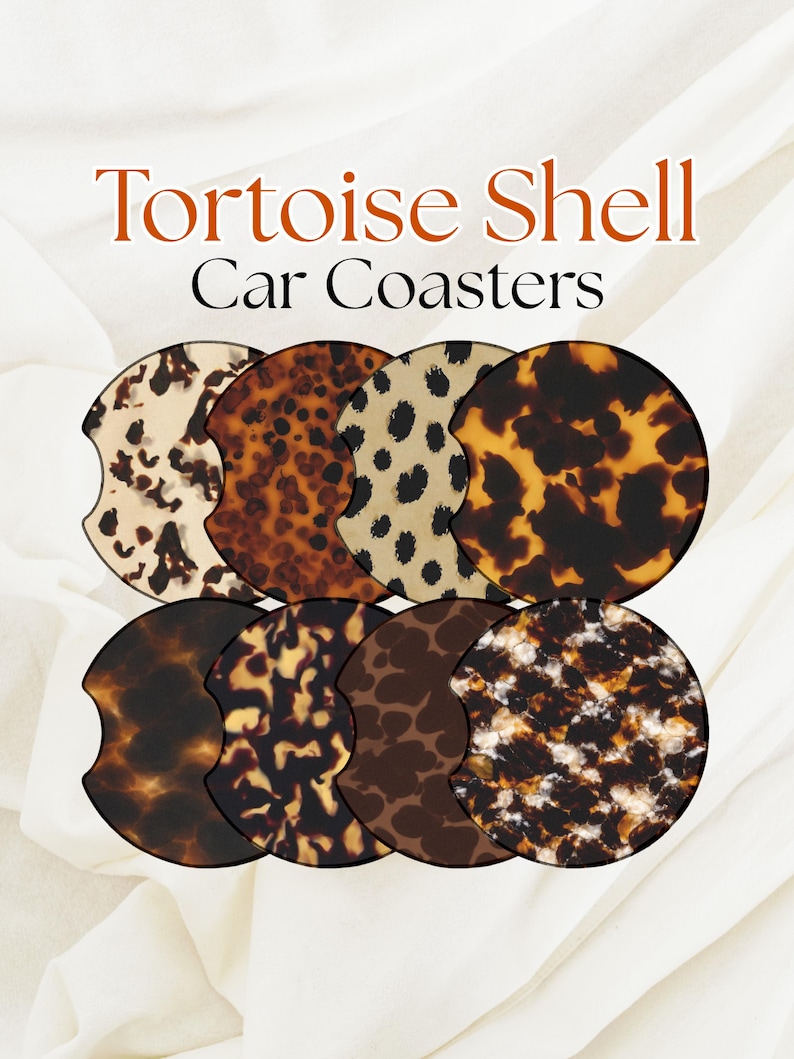 Tortoise Shell Car Coasters Set of 2 | Aesthetic Car Accessories | Cute Car Cup Holder Coasters | Neutral Car Decor | Gifts | Trendy image 1
