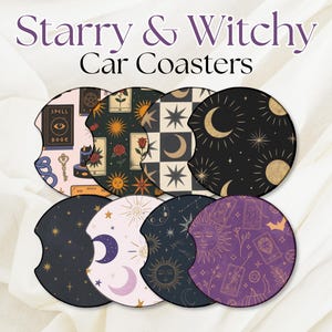 Dessous de verre étoilés et sorcières | Dessous de verre pour voiture Tarot Lune céleste | Décor de sorcière esthétique | Lot de 2
