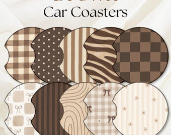 ブラウンのニュートラルカラーのボヘミアン風カーコースター｜モダン、シック、タン、ベージュ、シンプル｜カーアクセサリー｜女性へのトレンディなギフト