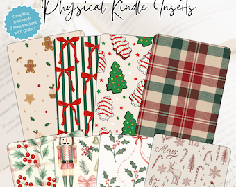 May include: A collection of Christmas-themed physical Kindle inserts. Designs include gingerbread men, striped patterns with red bows, Christmas trees, plaid, holly, nutcrackers, gift boxes, and festive text. The inserts are rectangular and feature various holiday patterns.