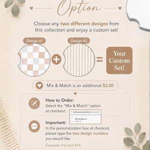 May include: An informational graphic titled Mix & Match Option explaining how to order a custom set of two car coasters. It displays Design #1 with a checkered pattern and Design #2 with vertical stripes, alongside instructions for the checkout process.