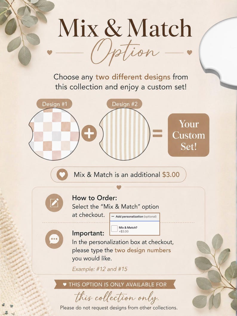 May include: An informational graphic titled Mix & Match Option explaining how to order a custom set of two car coasters. It displays Design #1 with a checkered pattern and Design #2 with vertical stripes, alongside instructions for the checkout process.