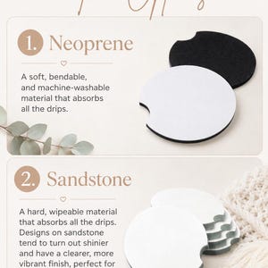 May include: Two options for car cup holder coasters are presented. Option one features black and white circular neoprene coasters with a notch. Option two displays a stack of white circular sandstone coasters with a notch and a gray edge.