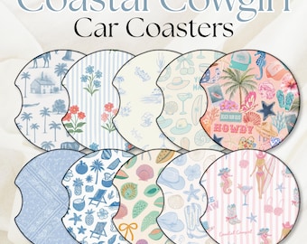 May include: Ten circular car coasters featuring various patterns including blue toile, stripes with flowers, beach motifs, and pink coastal designs. The text Coastal Cowgirl Car Coasters is displayed at the top in a serif font over the collection.
