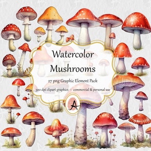 Aquarelle champignon Clipart, chapeaux de champignons rouges et champignons, art de champignon fantastique - téléchargement numérique instantané format PNG pour un usage commercial