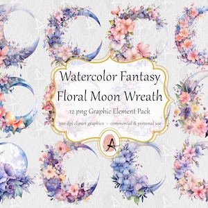 Watercolor Floral Moon Clipart - Fantasy floral lunar wreath, round flower frame clip art in PNG format instant download for commercial use