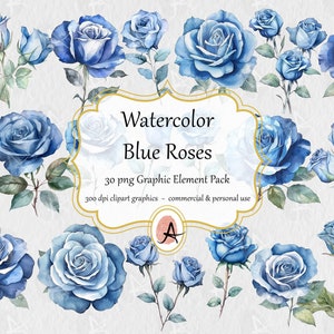 Blue Watercolor Roses Clipart - blue roses with leaves in PNG format instant download for commercial use