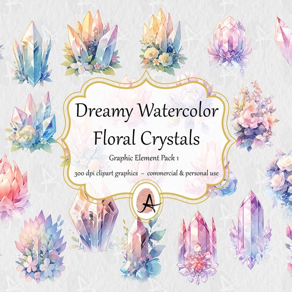 Watercolor Floral Crystals Clipart, dreamy pastel gemstones and flowers - instant digital download in PNG format for commercial use