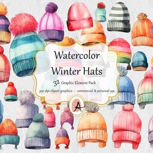 Clipart de chapeaux d'hiver aquarelle, illustration colorée de chapeau de tricot chaud - téléchargement numérique instantané au format PNG pour un usage commercial