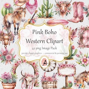 Aquarell Western Pink Boho Clipart - Cowgirl Hochzeit Blumen - 42 PNG Bilder - sofortiger Download für kommerzielle Nutzung