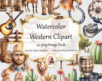 Watercolor Western Cowboy Clipart - Wild West Ranch - 40 PNG image format - instant download for commercial use