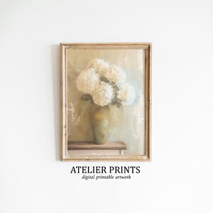White Hydrangeas Muted Vintage Print | Farmhouse Wall Decor | Living Room Art | Botanical oil painting | Printable Wall Art #AP097