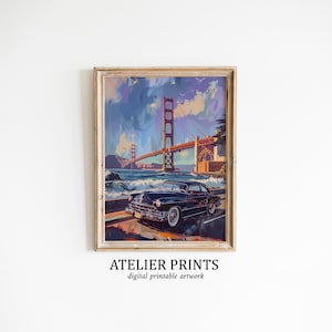 Vintage Car and Golden Gate Bridge impressionist digital art | contemporary art | modern art digital download | Printable Wall Art #AP075