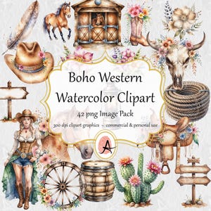 Aquarell Western Boho Clipart - Cowgirl Blumenhochzeit - 46 PNG-Bildformat - sofortiger Download für kommerzielle Nutzung
