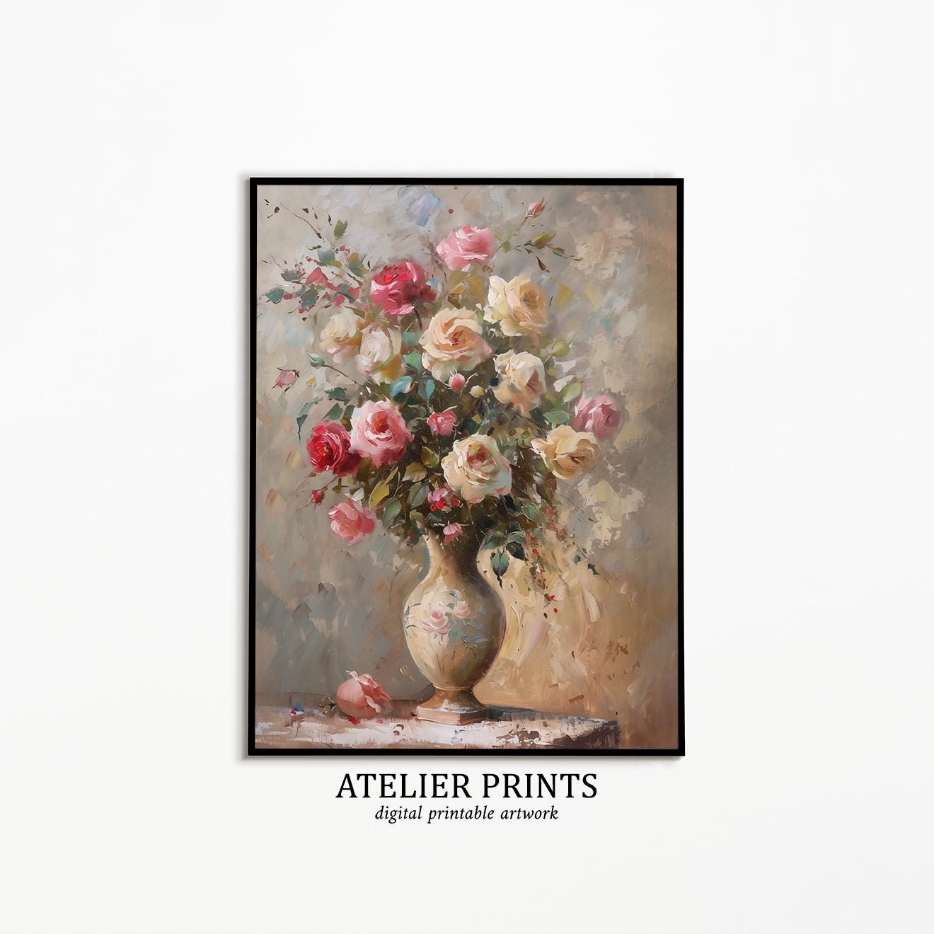 Pink and Cream Rose Bouquet in Vintage Vase Painting | PRINTABLE ART ...