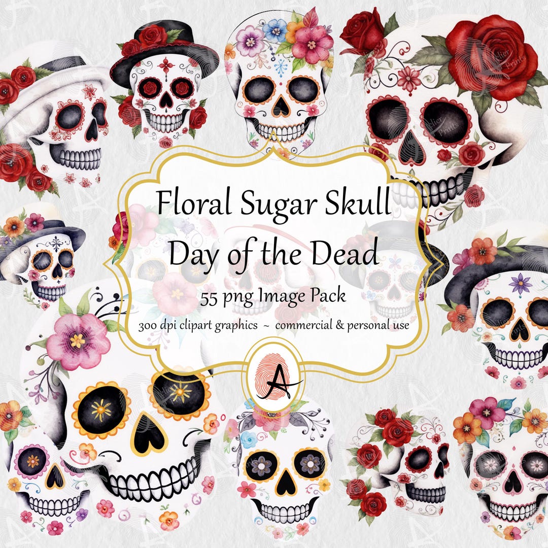Sugar Skull PNG Bundle, Floral Sugar Skull Clipart, Day of the Dead ...