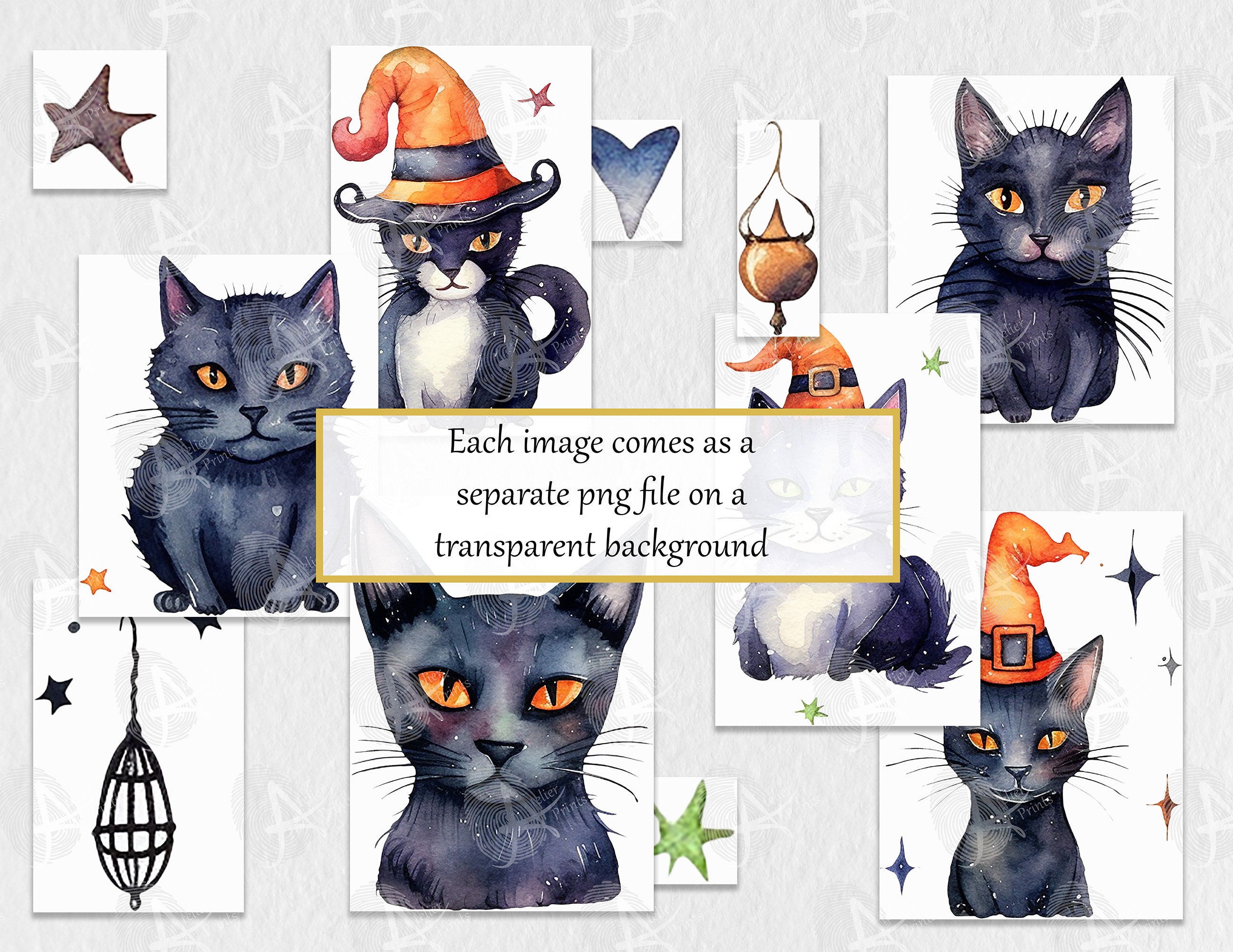 Watercolor Witchy Black Cat Clipart, Magical Halloween Kitty Cats and ...
