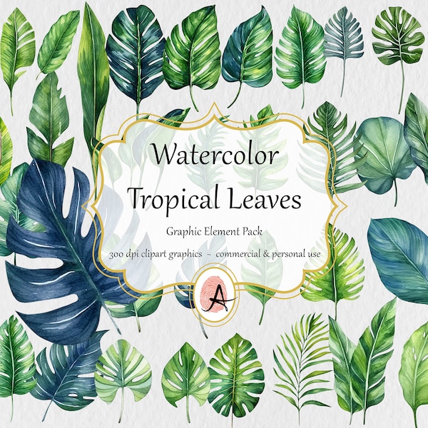 Watercolor Tropical Leaves Clipart, decorative Monstera leaf illustration - instant digital download in PNG format for commercial use