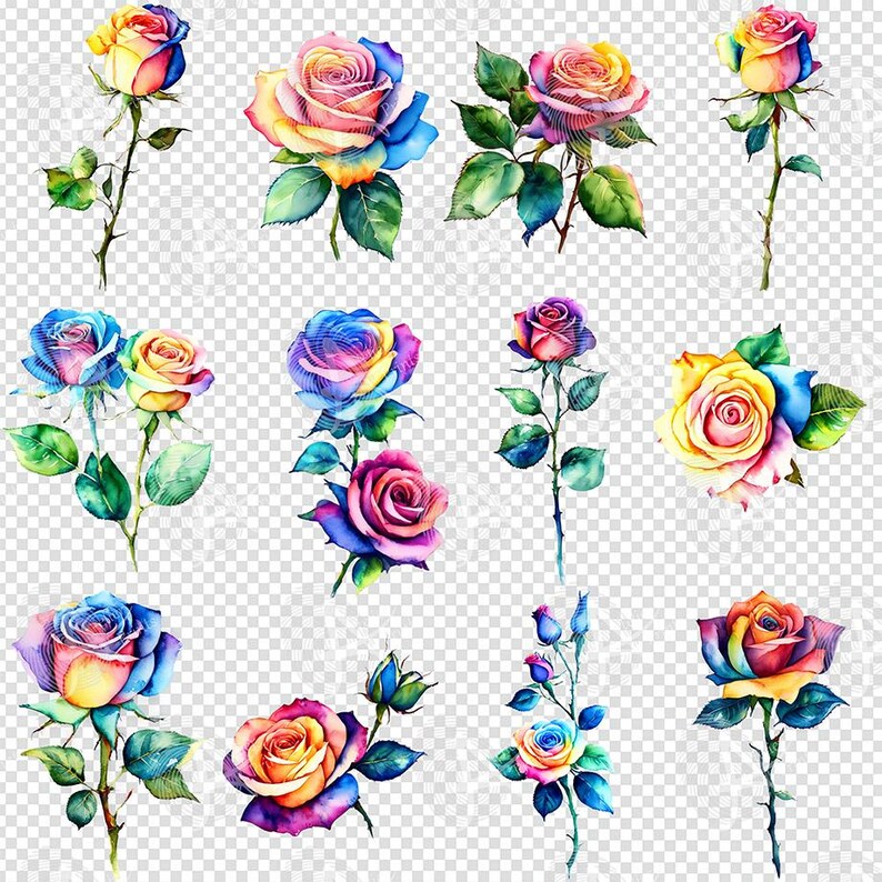 Watercolor Rainbow Rose Clipart, Multi Color Roses and Rose Buds ...