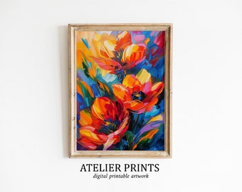 Three Orange vibrant flowers Print | Modern Wall Decor | Kitchen Art | Botanical oil painting | Printable Wall Art #AP046