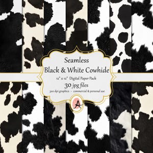 Black and White Cowhide Digital Paper, seamless leather textures, western background - 30 JPG format images instant download, commercial use