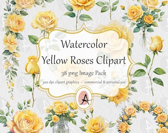 Peut inclure: Clipart aquarelle de roses jaunes dans une variété d'arrangements. L'image comprend 38 images png dans un pack. Le texte de l'image indique "Watercolor Yellow Roses Clipart 38 png Image Pack 300 dpi clipart graphics - commercial & personal use"