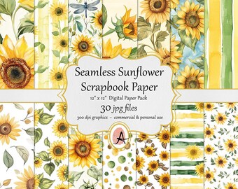 Papel digital de girasoles de acuarela, papel para álbum de recortes imprimible sin costuras de otoño: 30 imágenes en formato JPG, descarga instantánea, uso comercial