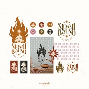 以下が含まれることがあります： 「Spell Bound」というビジネスのロゴデザイン。炎のような髪と頭上に星を持つ女性が描かれている。ロゴは円形になっており、その下に「Spell Bound」と「Life. Aligned.」の文字が書かれている。ロゴの色は茶色とオレンジである。