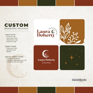 Può includere: Pacchetto di branding per Laura Doherty Ceremonies. Il logo presenta una luna crescente con stelle e un design floreale. La palette di colori include marrone, verde e rosso.