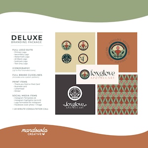 May include: A branding package for a business called "Foxglove Apothecary". The package includes a full logo suite, iconography, brand guidelines, print items, social media items, and a 20-minute consultation call.