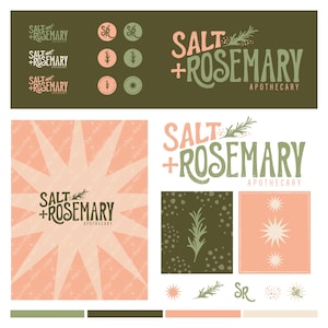 Puede incluir: Diseño de marca para una empresa llamada Salt + Rosemary Apothecary. El logotipo presenta una fuente de escritura a mano con una ramita de romero verde y blanco. El diseño incluye una variedad de paletas de colores, patrones y elementos gráficos.