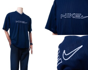 Men's 90s Vintage NIKE Big Logo Swoosh Blue Navy T shirt Size XL