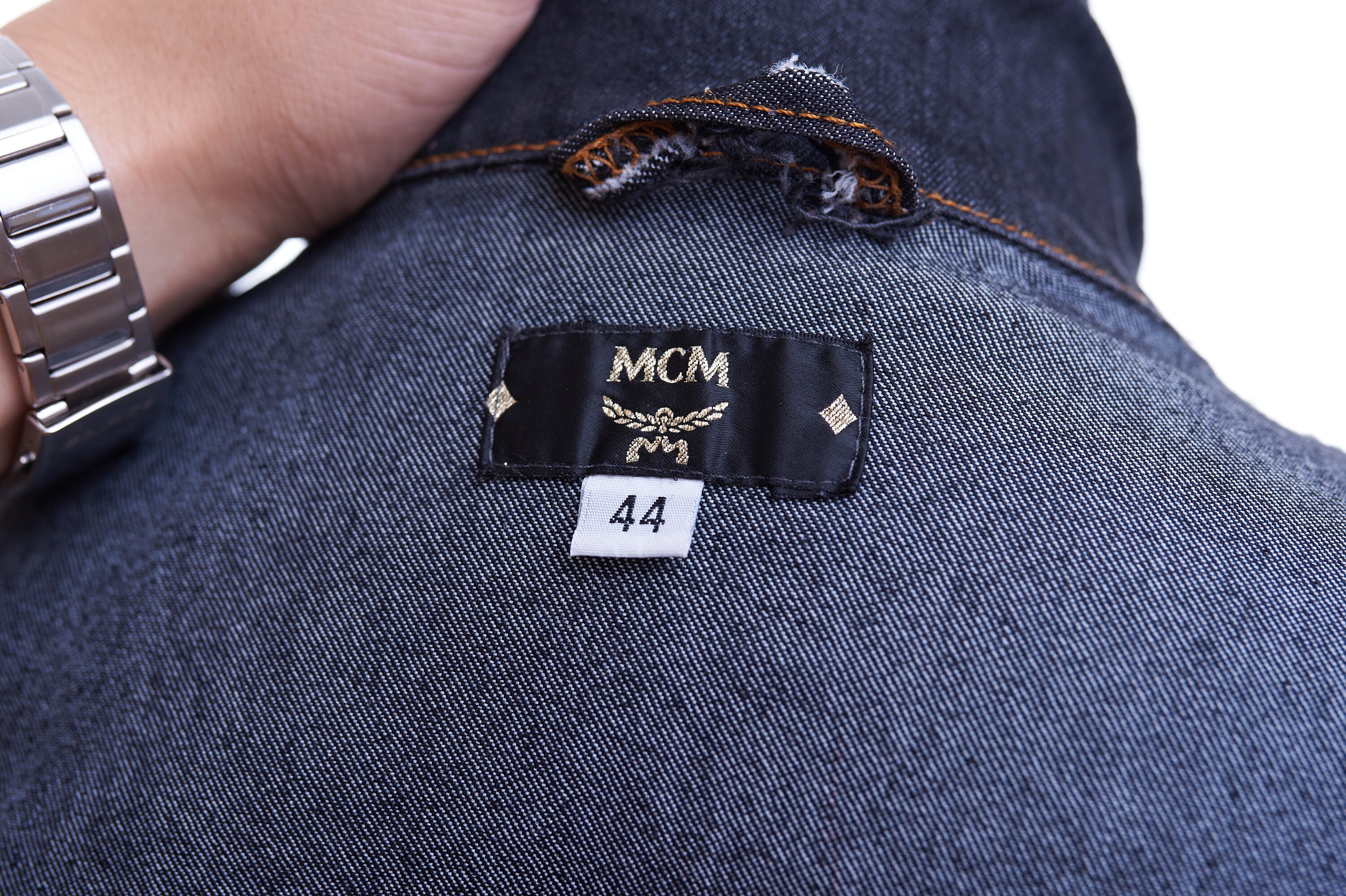 MCM Vintage Denim Jacket Jeans Gold Button Logo Sz 44 Washed