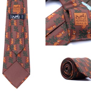 Hermes Paris Necktie 100% Silk Tie Brown Koalas Bears Climbing Tree 7282 MA